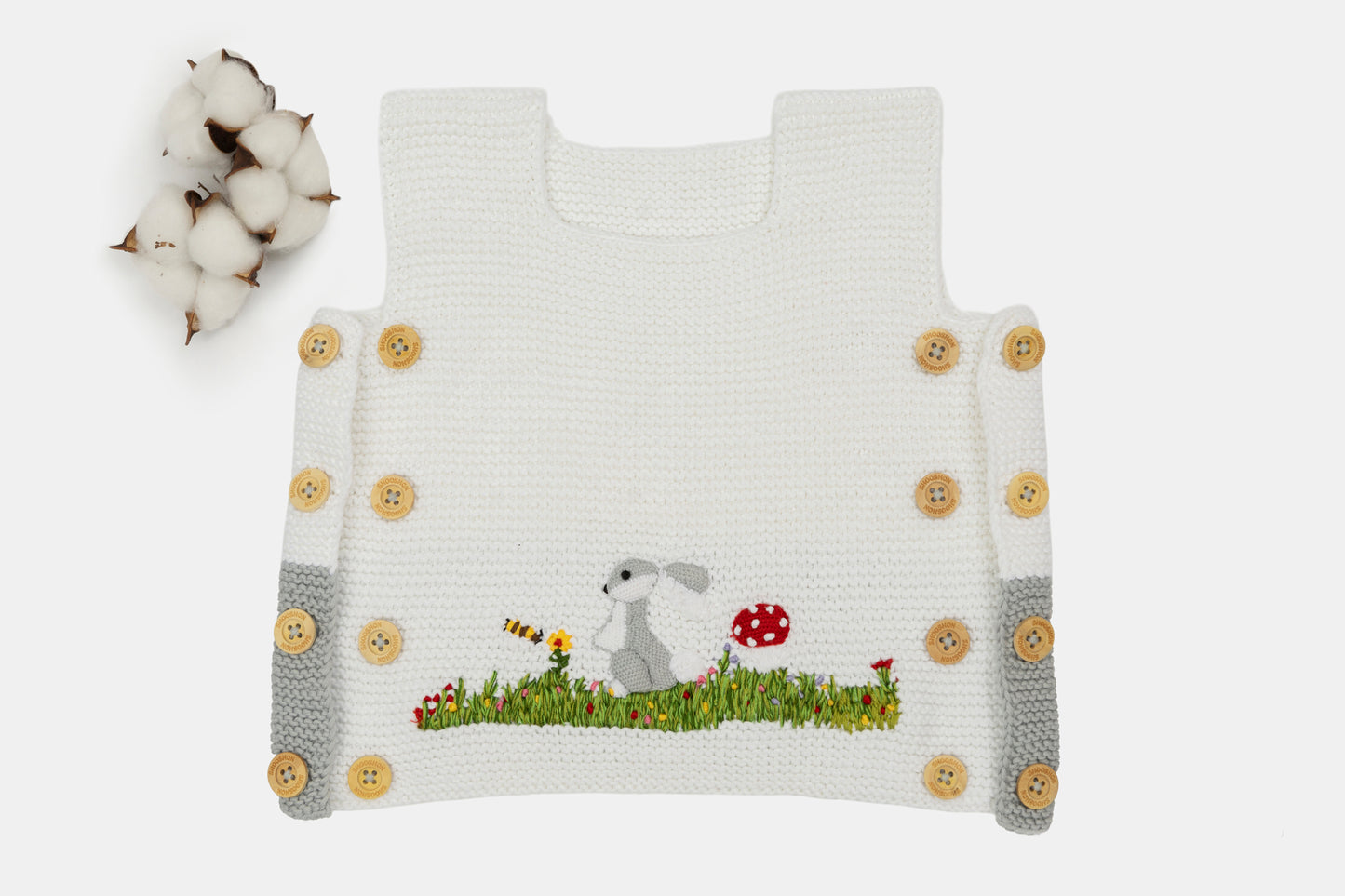 Meadow Bunny Organic Cotton Vest (Adjustable Fit) in White & Light Grey