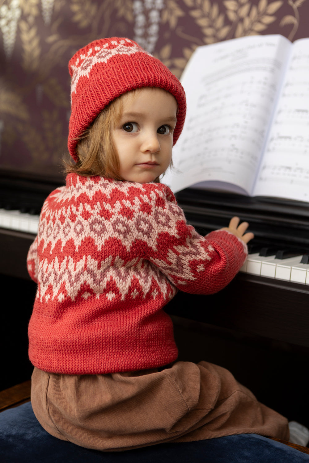 Fair Isle Merino Hat with Pom-Pom in Cranberry Red