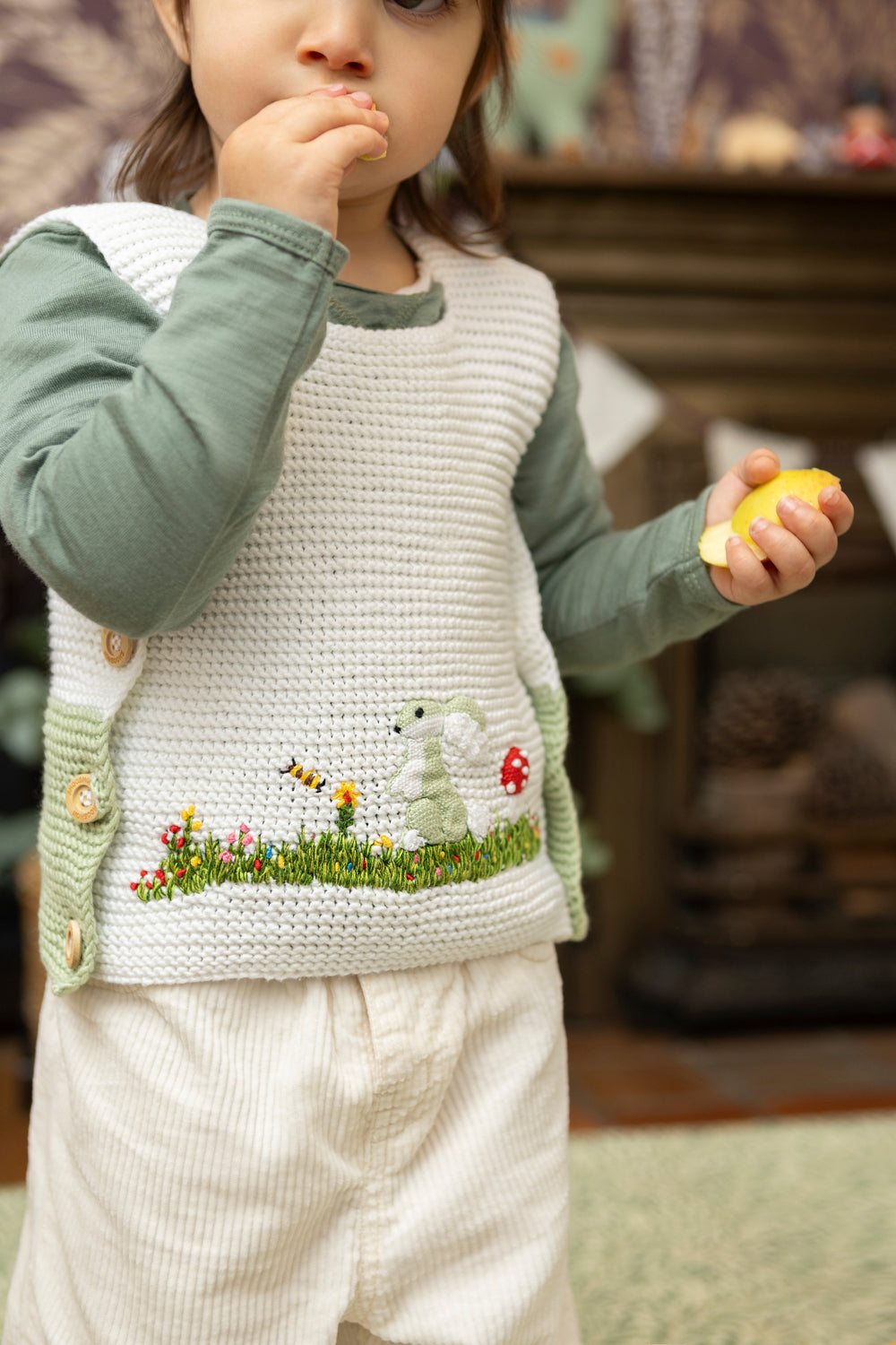 Meadow Bunny Organic Cotton Vest (Adjustable Fit) in White & Light Grey