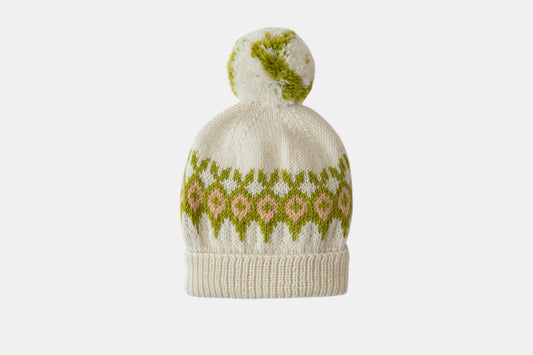 Fair Isle Merino Hat with Pom-Pom in Off-White